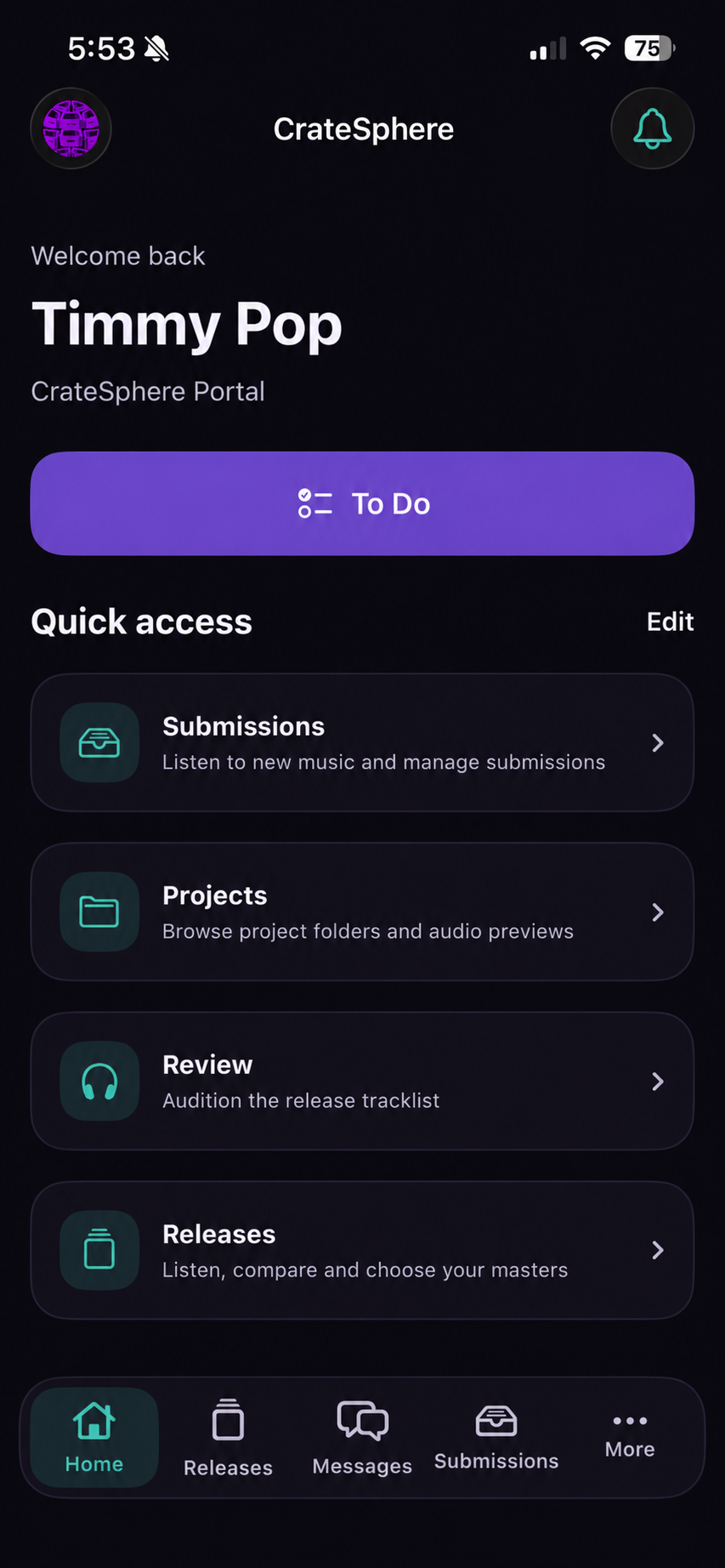 iOS Home with fictional Timmy Pop profile and quick access to submissions, projects, review and releases.