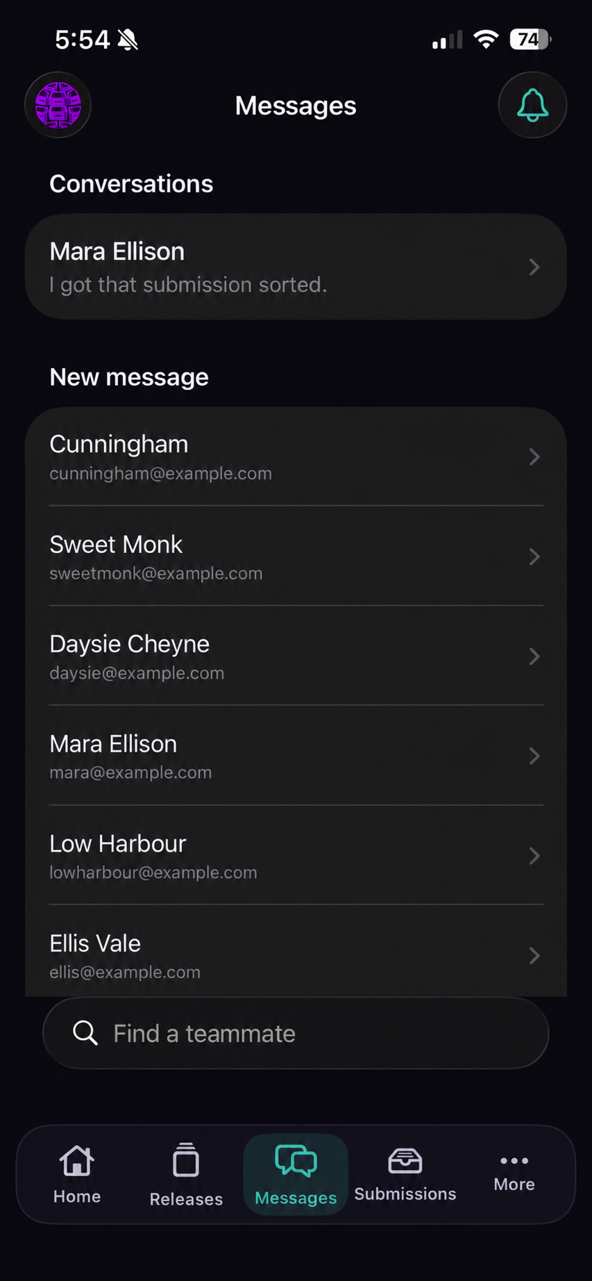 iOS Messages with a fictional artist conversation and contacts using example.com addresses.