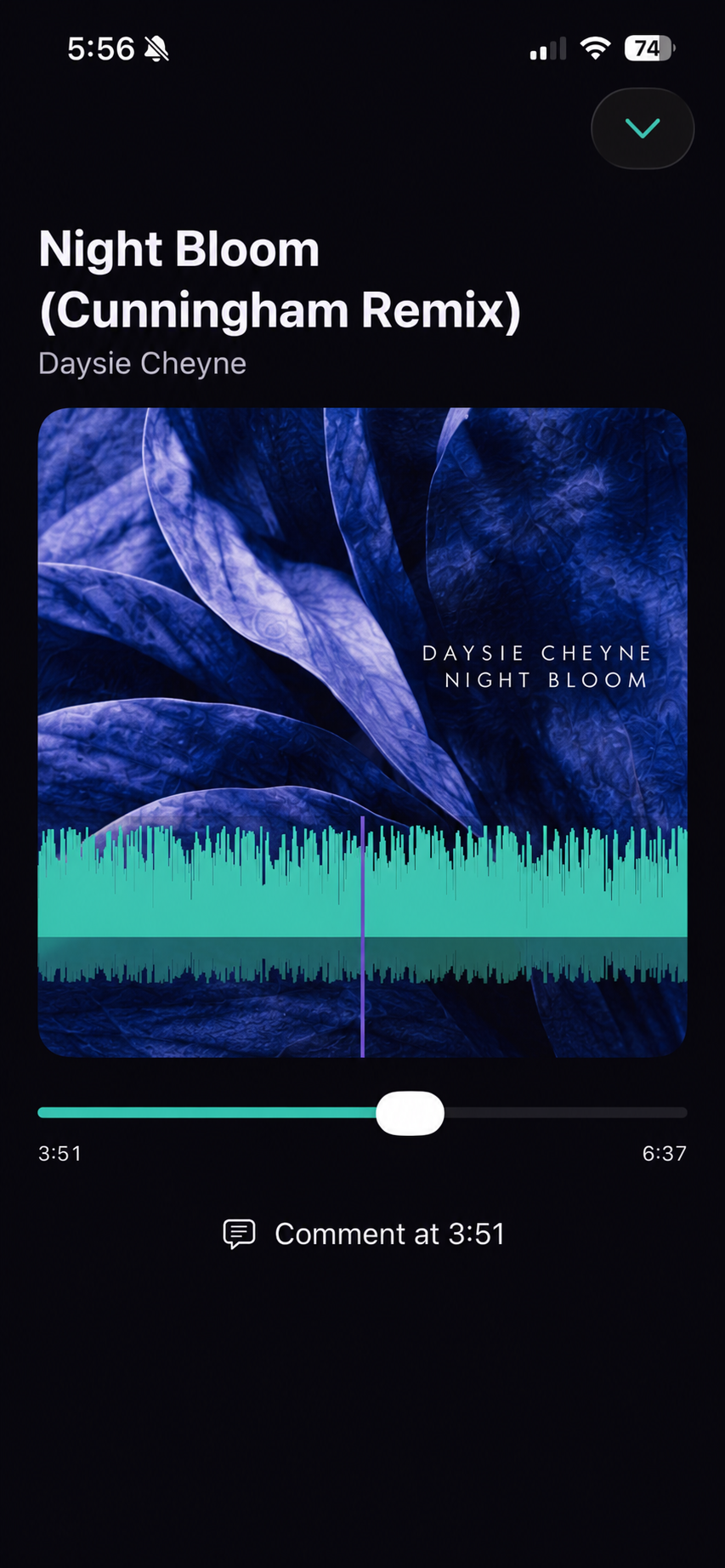 iOS player for fictional Night Bloom (Cunningham Remix), with artwork, waveform, playback position and a time-stamped comment control.