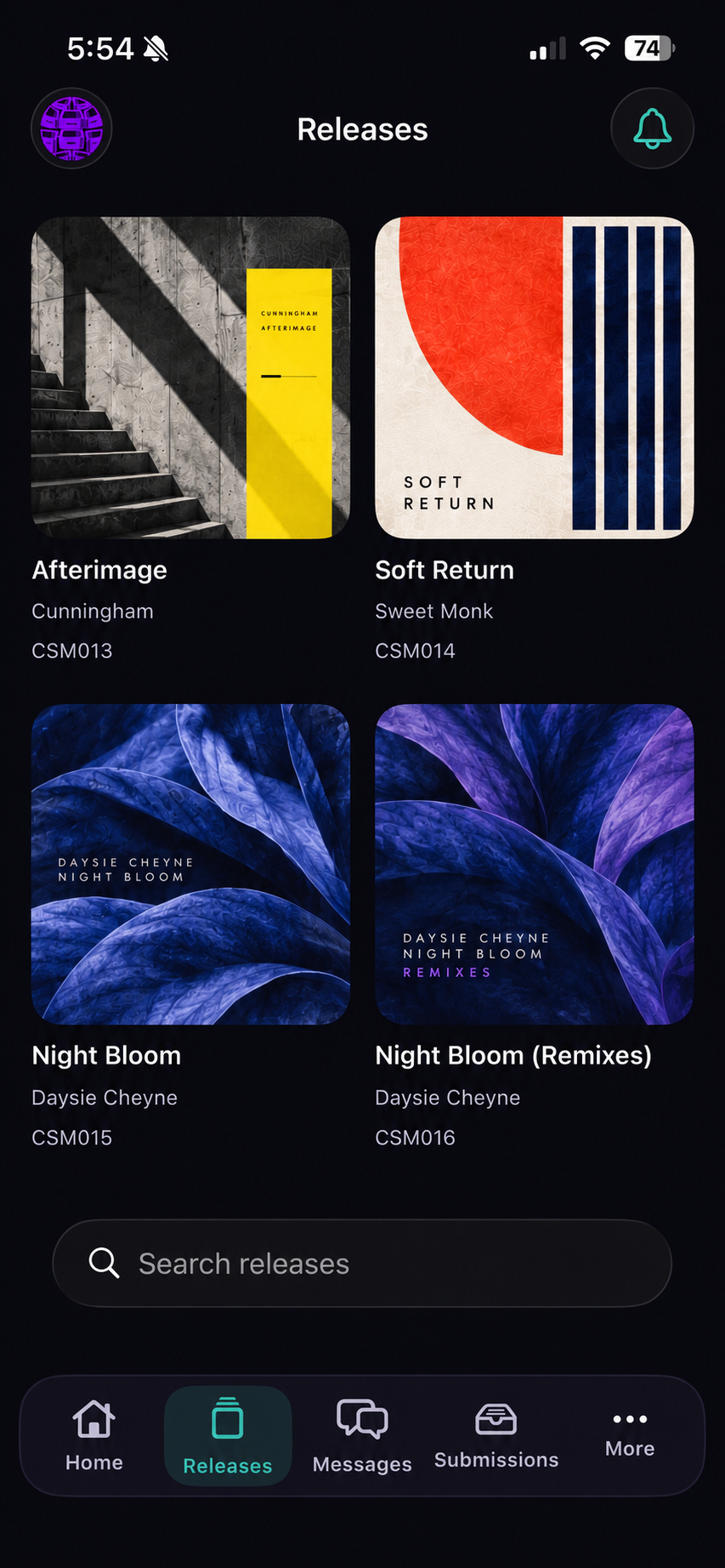 iOS Releases showing the fictional Cunningham, Sweet Monk and Daysie Cheyne catalogue with matching artwork and search.