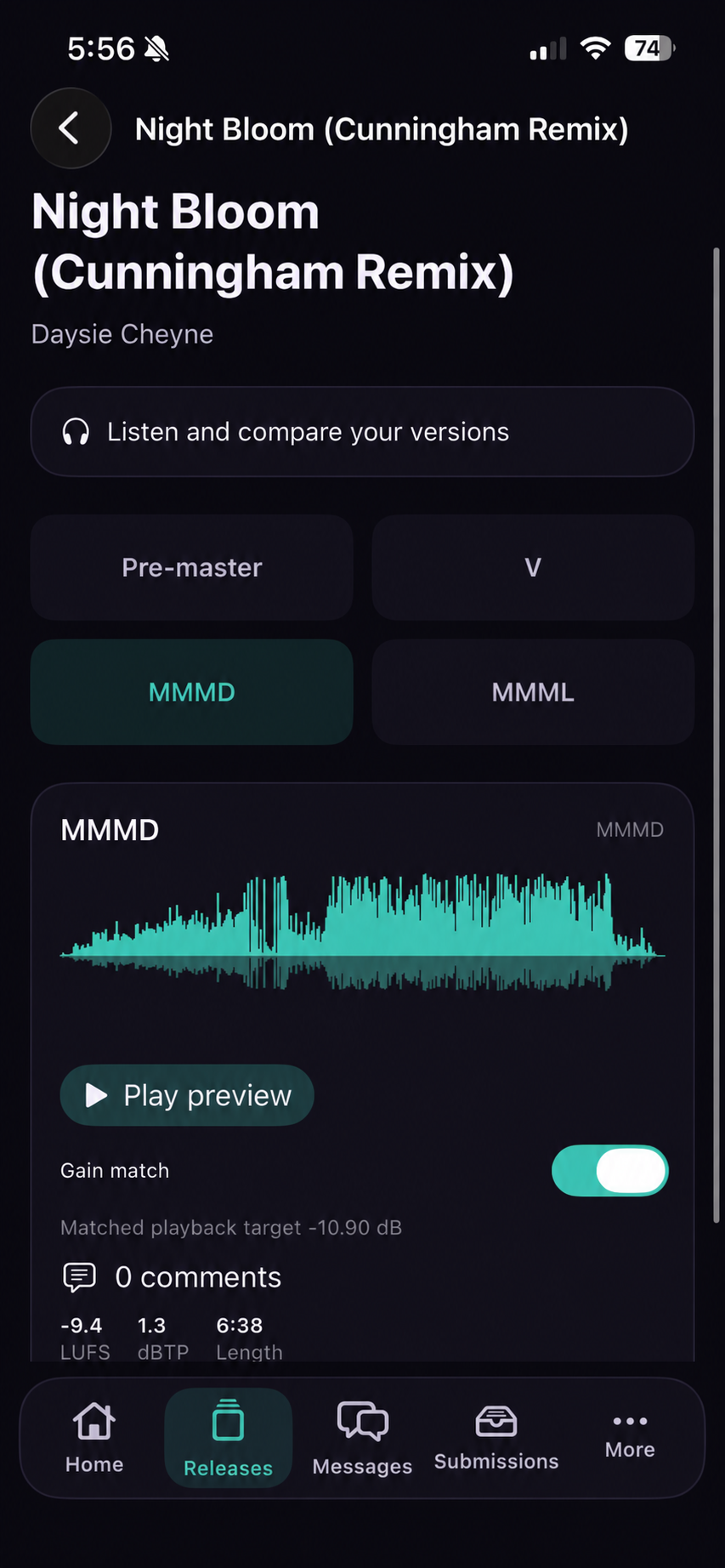 iOS master comparison for fictional Night Bloom (Cunningham Remix), with version choices, waveform, gain matching and audio measurements.
