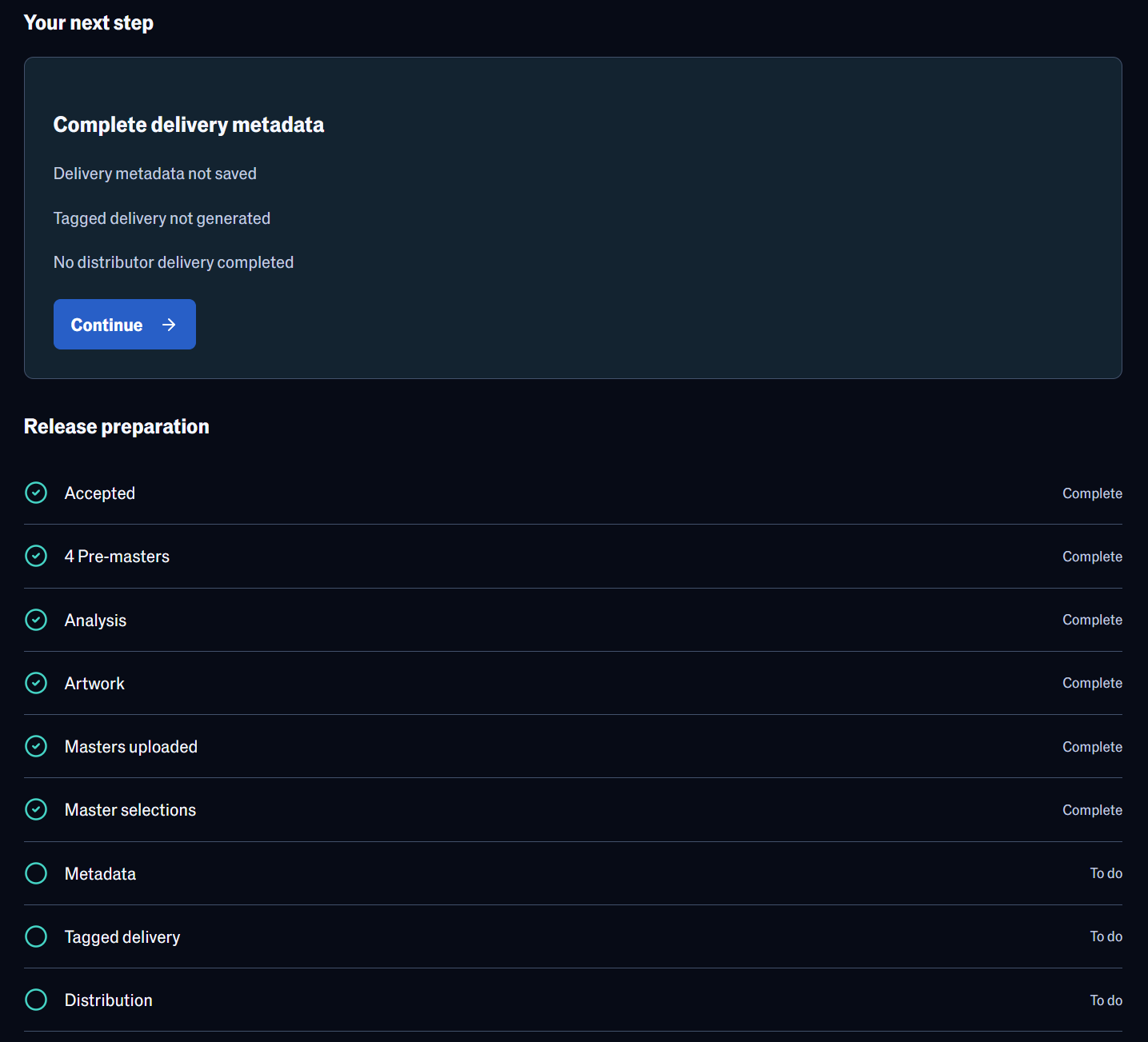 The real release Overview showing the next action and outstanding preparation checklist.