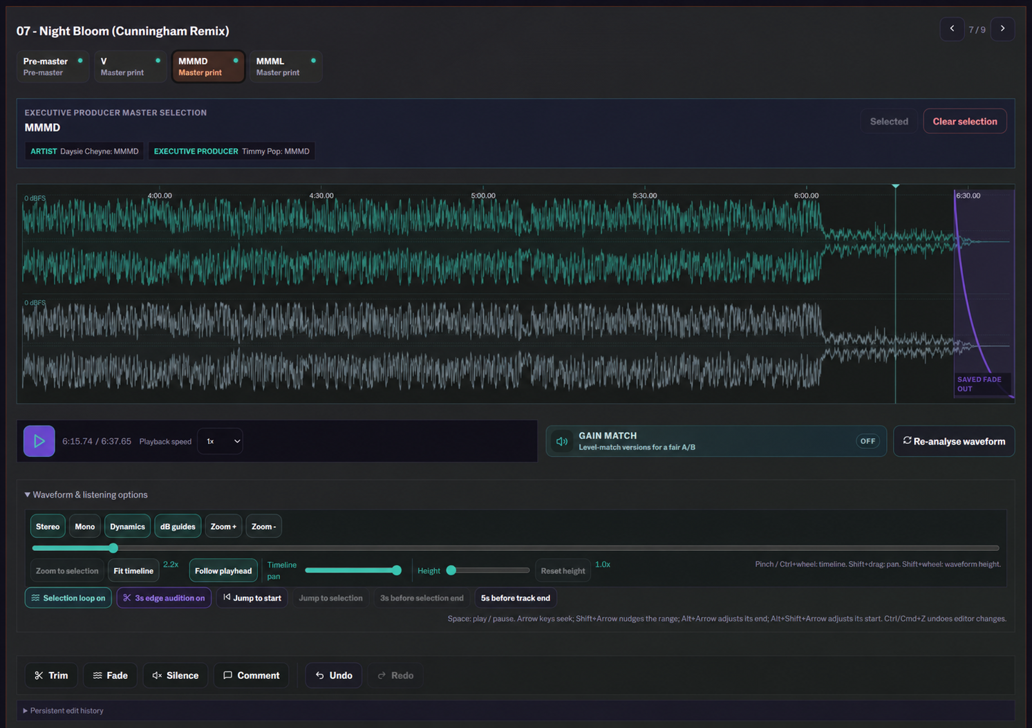 CrateSphere Studio audition for fictional Night Bloom (Cunningham Remix), showing master selections, expanded listening controls, a saved fade and trim, fade and silence tools.
