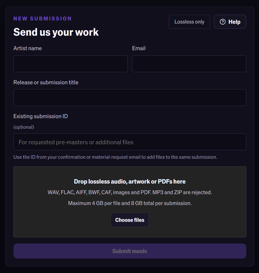 Blank lossless submission form with artist, email, title and existing submission fields, plus audio, artwork and PDF upload.